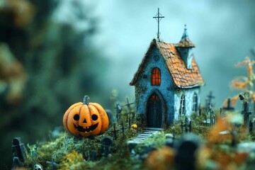 Fototapeta premium Spooky Halloween Scene with Pumpkin in Cemetery Setting