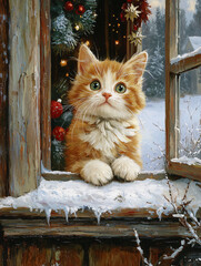 A cute fluffy kitten sitting by a frosty window, gazing out at snowflakes falling on a snowy Christmas tree. The cozy winter scene captures festive warmth and holiday charm amid frosty nature.