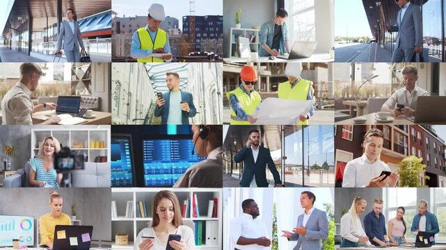 Multi screen business collage made of many different footages with business people working in office or outdoor. Technology, investment, money and teamwork concept.