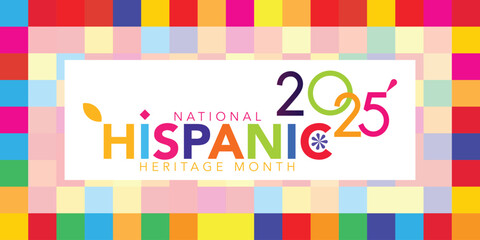 Hispanic American heritage month 2025 happy new year. Vector web banner, poster, card for social media, networks. Greeting with national Hispanic heritage month text, ornament on blue background.	