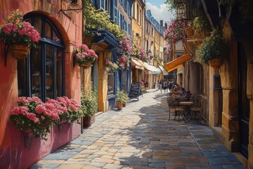 Fototapeta premium A picturesque European tourist location, featuring charming cobblestone streets, historic buildings, and bustling cafes. Abstract image. Generative A