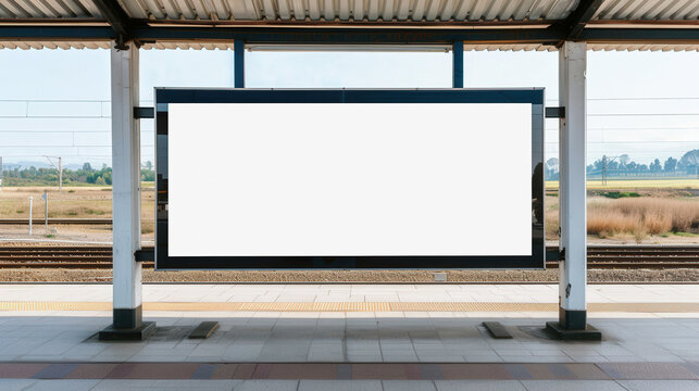 Rural Train Station Advertisement Board, empty signage awaiting content, surrounded by open fields, clear skies, and a tranquil atmosphere, inviting creativity and communication.