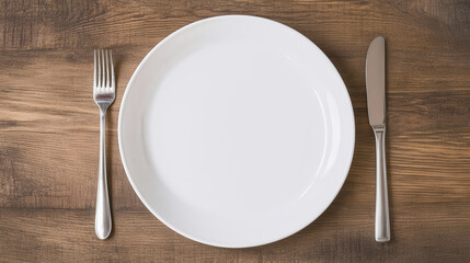 Minimalist dining scene featuring a clean white plate on a bare table, inviting simplicity and elegance, perfect for showcasing culinary delights and thoughtful presentation.