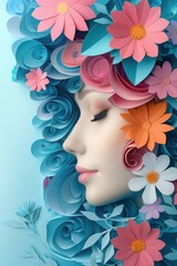 Naklejka premium A vibrant paper sculpture of a woman face adorned with multicolored flowers representing artistic creativity and natural beauty