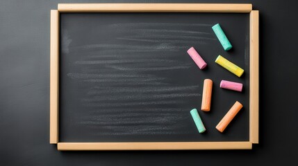 Blank blackboard adorned with scattered chalk pieces, symbolizing potential for learning, inviting creativity and knowledge, ideal for educational themes and brainstorming sessions
