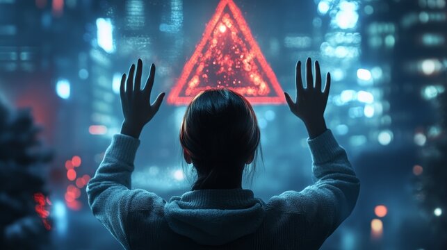 Woman reaches towards glowing red warning symbol in futuristic cityscape, symbolizing digital danger, alert systems, and cybersecurity in a cyberpunk setting.