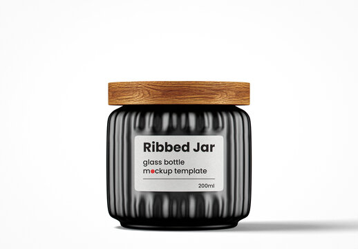 Ribbed Matte Glass Jar With Wooden Lid Mockup