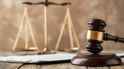 Justice Symbolism, a judge's gavel and scales of justice alongside a legal document, representing fairness and formality in the legal system, embodying the essence of justice.