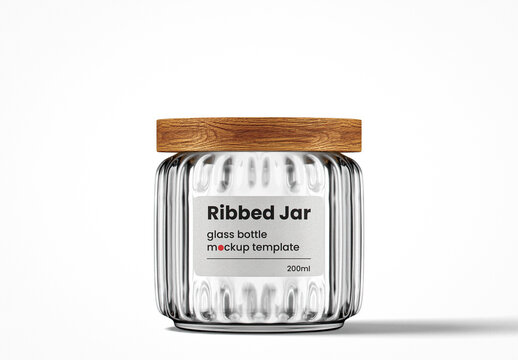 Ribbed Clear Glass Jar With Wooden Lid Mockup