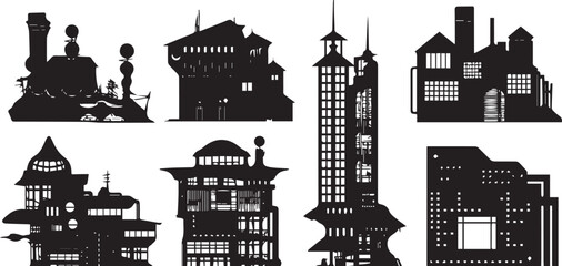 Set silhouettes of futuristic houses. Hand drawn vector illustration	