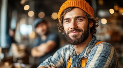 Fototapeta premium Portrait of a Smiling Man in an Orange Beanie and Flannel Shirt