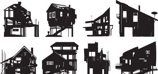 Fototapeta premium Set silhouettes of futuristic houses. Hand drawn vector illustration 
