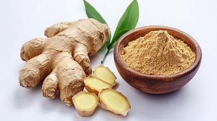 Fresh Ginger Root and Ginger Powder on White Background - Natural Spice Ingredients Concept