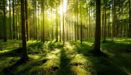 Fototapeta premium Lush Forest with Sun Rays Filtering Through Tall Trees