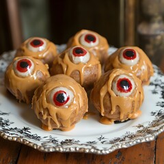 Eyeball-Shaped Pastries on Vintage Lace Doily with Ominous Ambiance