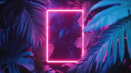 Vibrant Tropical Leaves Illuminated by Pink and Blue Fluorescent Light with Neon Rectangle Frame