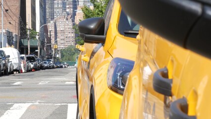 New York City. Row of yellow Taxi cars on street, Queens. Many taxi cabs on avenue, Long Island, LIC. Medallion taxicab and Manhattan Midtown urban skyline cityscape. High-rise building architecture.