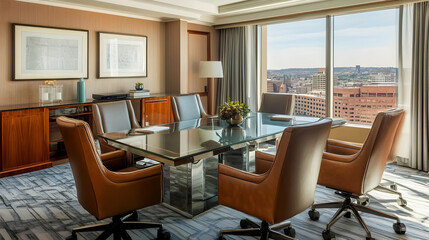 Modern conference room with a glass table and city view.