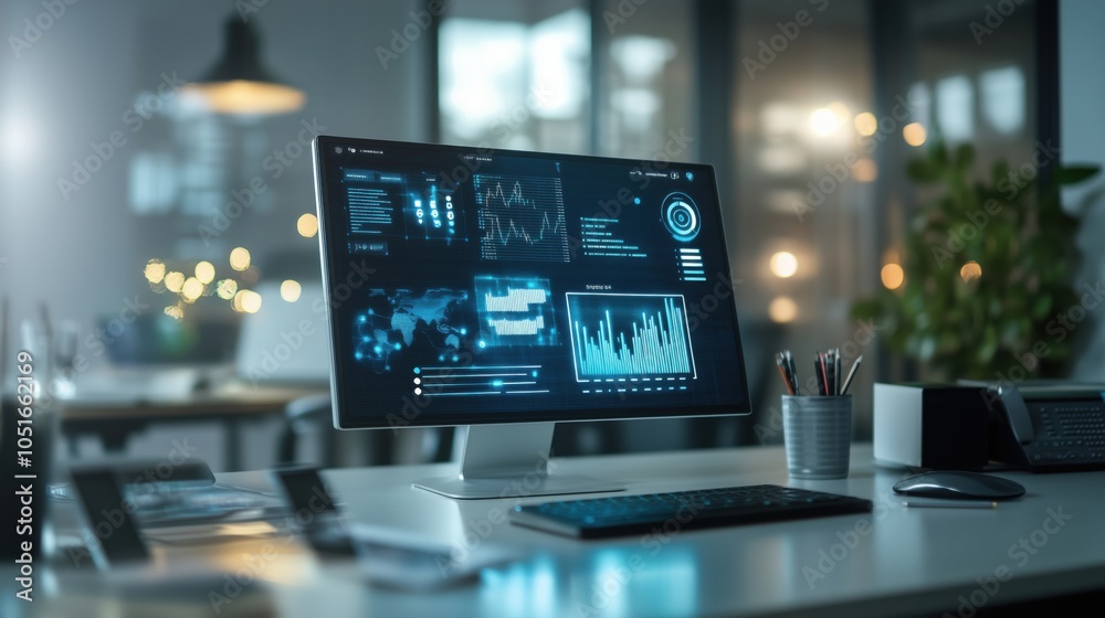 Poster modern workspace with data analytics dashboard on computer screen
