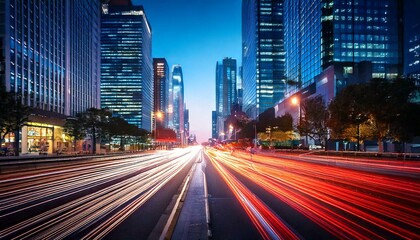 Obraz premium Busy City Street at Night with Car Light Trails and Neon Signs