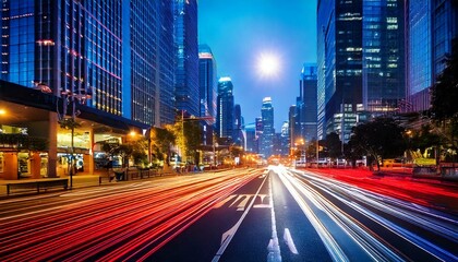 Obraz premium Busy City Street at Night with Car Light Trails and Neon Signs