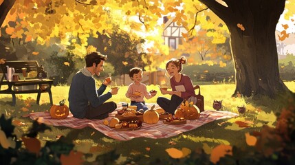 Fototapeta premium A family enjoys a picnic under a tree with pumpkins, leaves, and a cat.