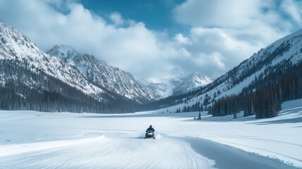 Naklejka premium Snowmobile adventure in snowy mountain landscape, vast white terrain, towering peaks