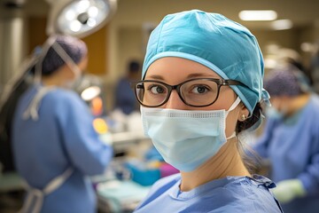 A nurse wearing blue scrubs and a cap, and a surgical mask. She is in the background of an operating room with other nurses