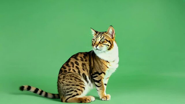 A playful 4K scene Bengal cat dressed patriotic costume olated green screen curiously looking while celebrating 4th July animal pet chroma key background uncle sam hat cape funny halloween
