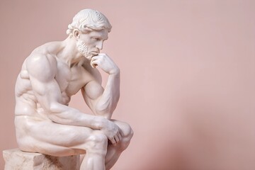 Elegant marble statue of a thinking man in a contemplative pose against a soft background, perfect for art and philosophy themes.