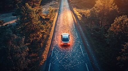 A vehicle advances along a magically lit, tech-infused road amidst autumnal surroundings, symbolizing the meeting of modernity and nature.