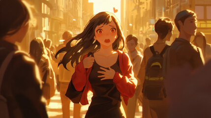 Fototapeta premium young woman in busy city street looks surprised and emotional