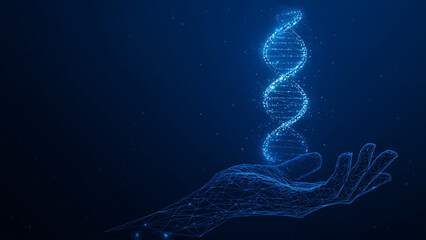 Digital AI Technology Concept. An abstract illustration of a hand holding a DNA helix, symbolizing the origins of life and the potential of genetic engineering. Generative AI