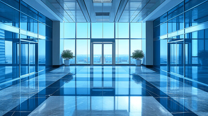 Obraz premium Modern corporate lobby with glass walls, polished floor, and city view. Copy space. Generative AI 