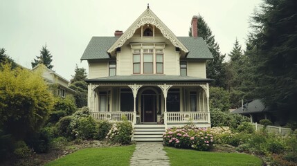 A Victorian-style farmhouse with ornate trim, painted in cream and sage green. The wrap-around porch is lined with flowering shrubs, and a stone walkway leads to the front steps.