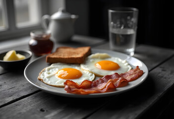 Delicious breakfast featuring sunny side up eggs, crispy bacon, and toast, served on rustic wooden table. perfect start to day!