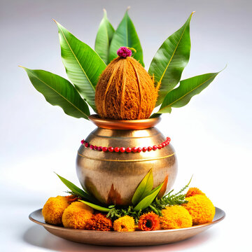 A kalash, or holy pot, draped in mango leaves