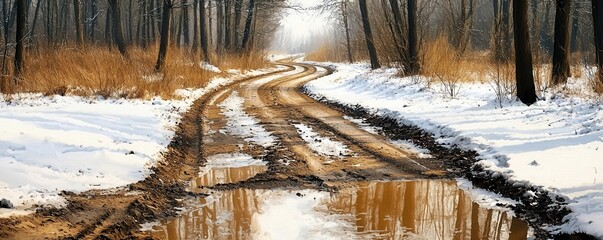 A snowy, winding dirt road lined by trees, featuring puddles of water, creating a serene winter landscape.