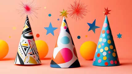 Artistic party hats with modern takes on New Year's icons, abstract stars, fireworks, and vibrant geometric designs. Christmas, New Year's Eve