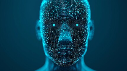 Digital holographic face with glowing dots against a dark background.