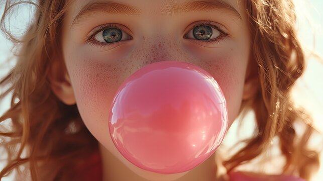 Close-up of a child joyfully blowing a large pink bubblegum bubble with sunny lighting and playful expression.