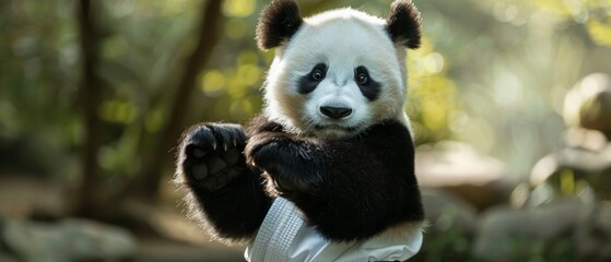 Obraz premium A playful panda in a fighting stance with clasped paws showcases its black and white fur. The scene in a serene environment hints at its forest habitat.