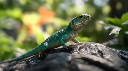 Fototapeta premium Collared Tree Lizard Adventuring Through Rocky Terrain with Detailed Scales and Vegetation
