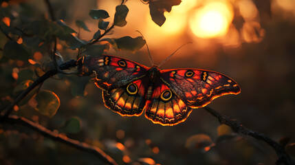 A Madagascar Sunset Moth Resting on a Branch Surrounded by Vibrant Sunset Hues and Lush Green Foliage
