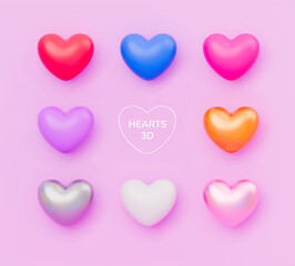 Realistic 3d heart set in different colors on pink background. Love icon collection for valentines letter, wedding invitation, love banner. Love concept, Mother's Day decoration. Vector illustration