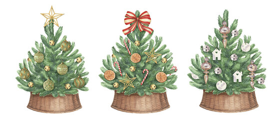 Fototapeta premium Decorated Christmas tree set in wicker basket in rustic style. Hand drawn watercolor winter holiday illustration. Isolated drawing for Xmas graphic and tradition greeting card designs.