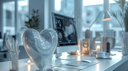 On the desk of an office, the office of a technology company, modern minimalist style, bright white tone, futuristic retro, with many love elements decoration, love sculptures, love cups, love lamps.