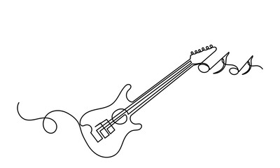 Obraz premium Continuous line drawing of bass classical acoustic guitar.Single-line electric Musical instrument concept of logo, guitar icon, and rock. Vector illustration guitar. isolated on white background.