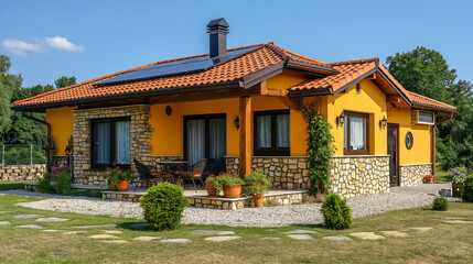 Obraz premium Charming country house with solar panels and stone accents on a sunny day