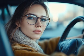 Woman Wearing Glasses Driving Car